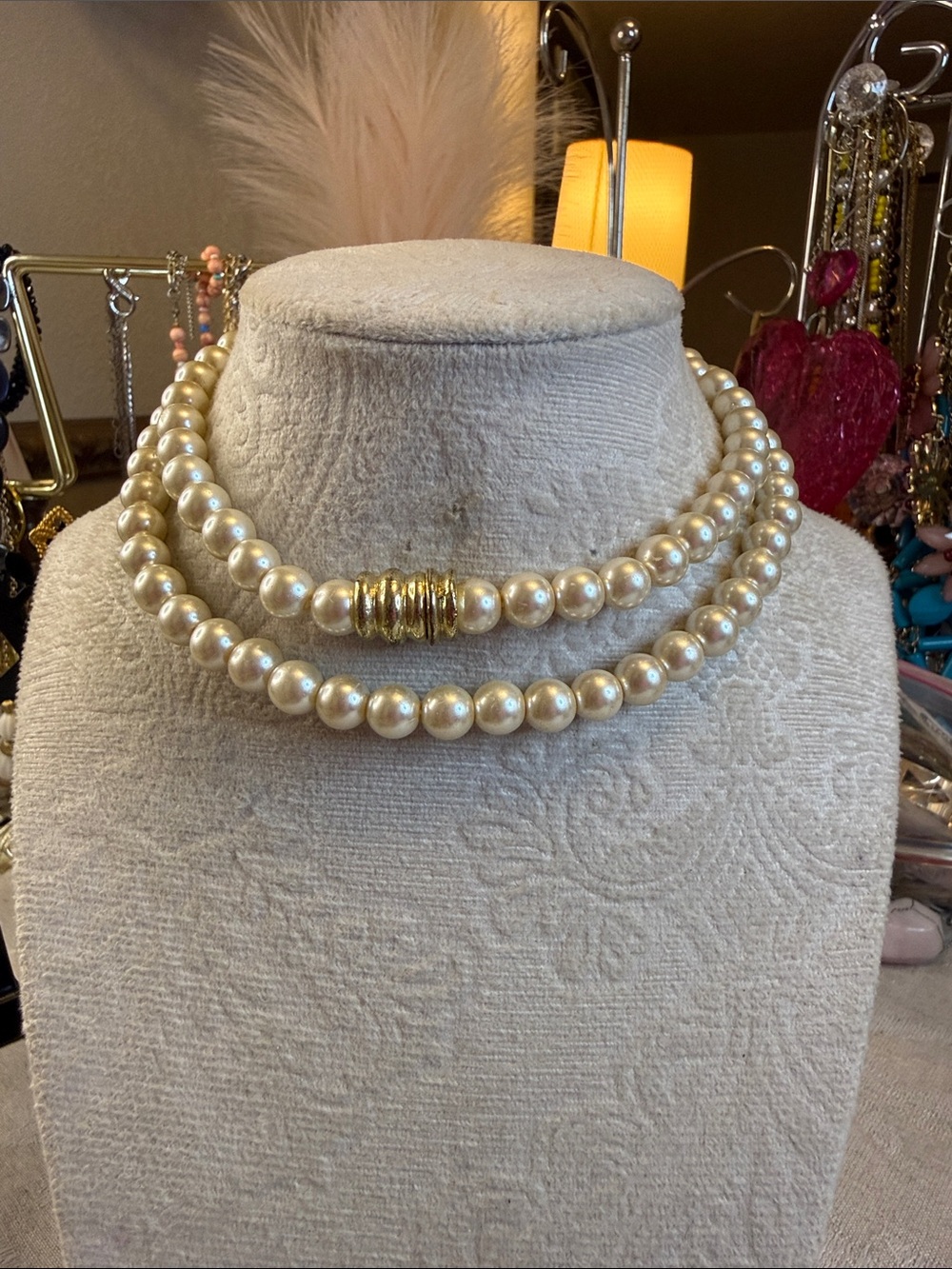 Classic Ivory Pearl Double-Strand Necklace with Gold Accents